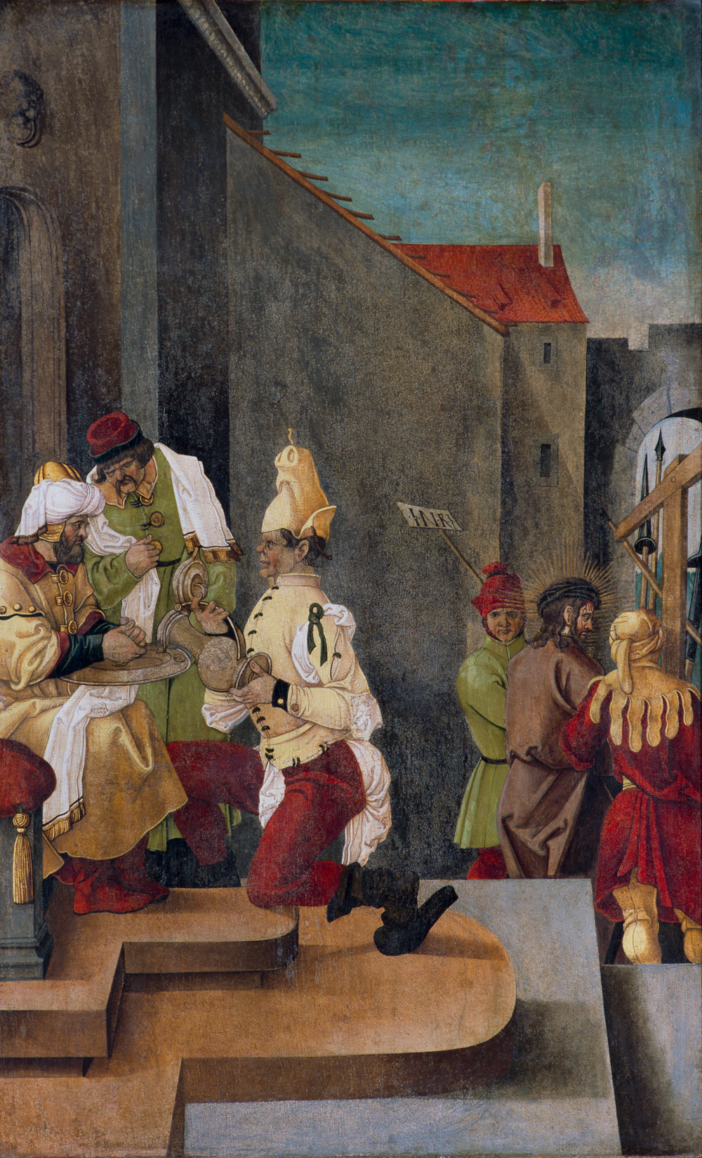 Handwaschung des Pilatus, Teil eines Flügelretabels, Tafelmalerei, evang. Kirche in Sibiu, Rumänien, 1. Hälfte 16. Jh.?