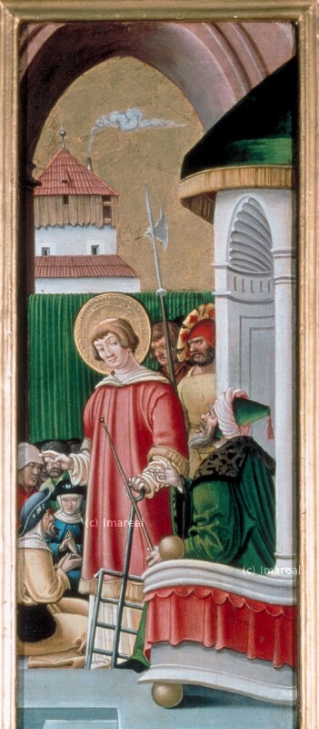 Hl. Laurentius mit dem Schatz der Kirche vor Valerian von Meister der Brucker Martinstafel