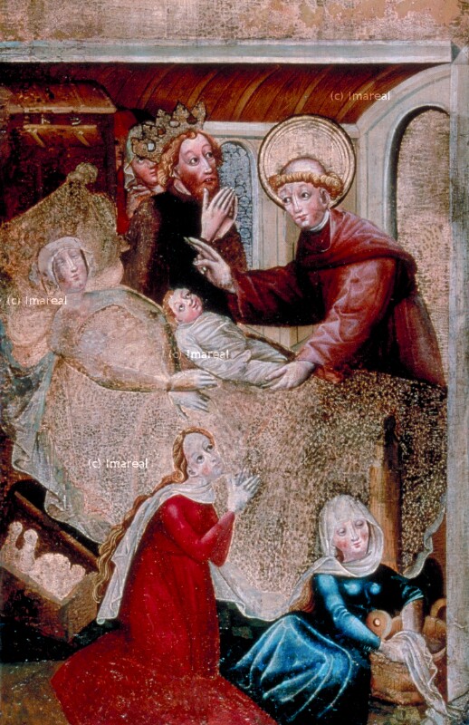 Hl. Leonhard als Geburtshelfer bei Königin Chlothilde von Konrad von Friesach