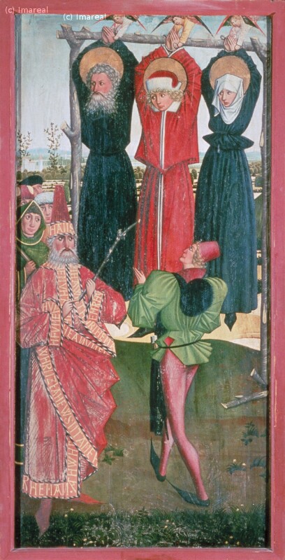 Hl. Vitus, Hl. Modestus und Hl. Krescentia werden an Pfählen aufgehängt