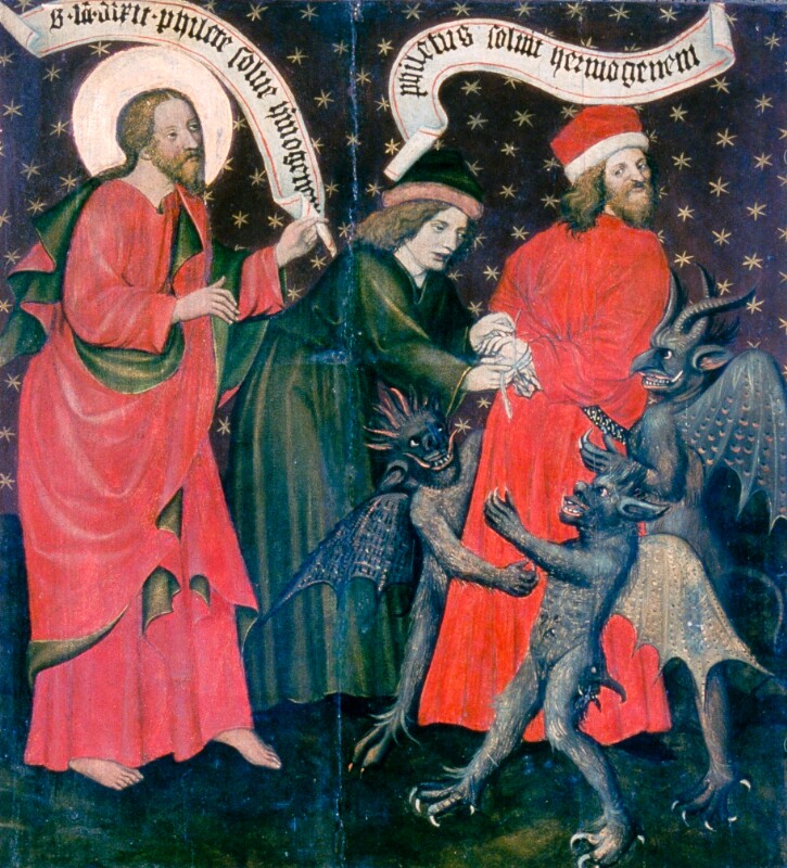 Teufel führen Hermogenes gefesselt zum Hl. Jakobus maior von Meister des Raigener Altars