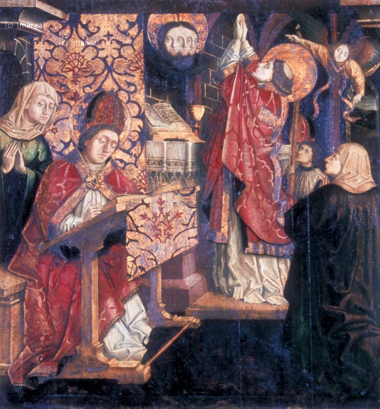 Frau bittet Hl. Augustinus um Hilfe im Unheil von Meister von Uttenheim