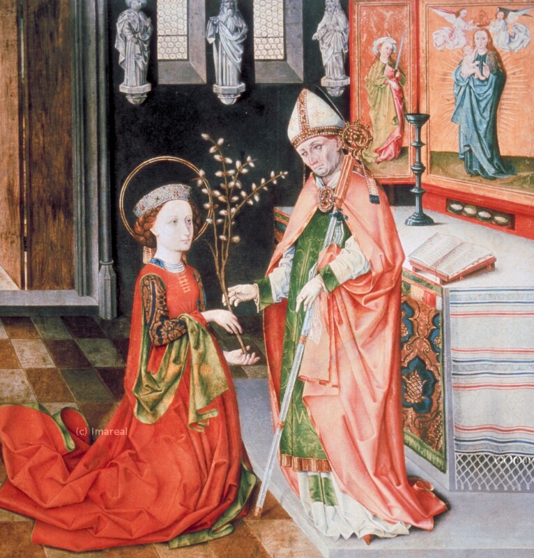 Bischof von Assisi überreicht Hl. Klara den Palmzweig